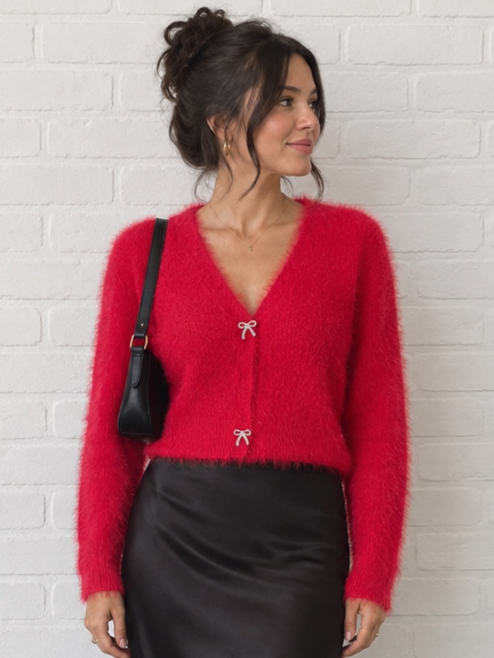 Jessica Red Fuzzy Cropped Cardigan | Rhinestone Bow Buttons | Size M